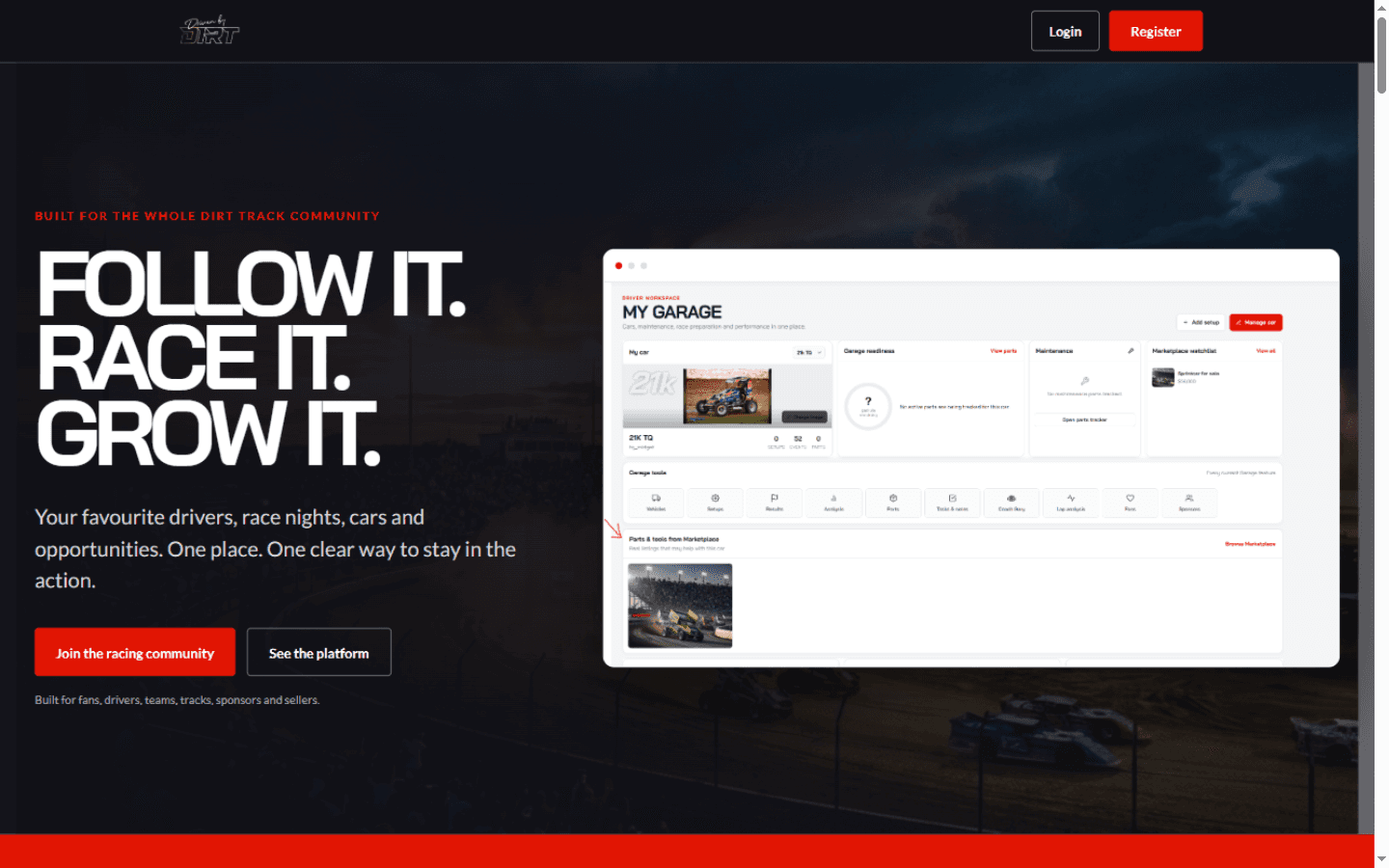 The Driven By Dirt landing page — Follow It. Race It. Grow It.