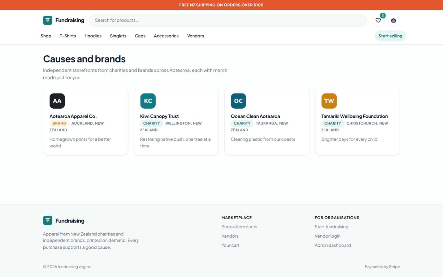 Fundraising Marketplace causes and brands — charity storefronts across Aotearoa